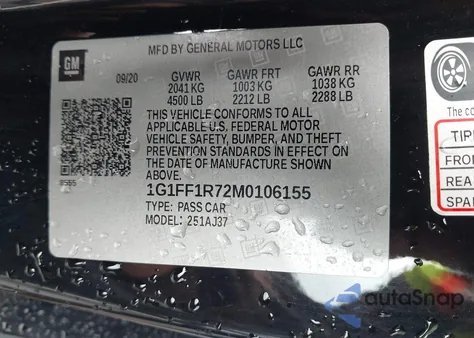 2021 Chevrolet Camaro Rwd 1Ss из США, поврежденный, VIN 1G1FF1R72M0106155